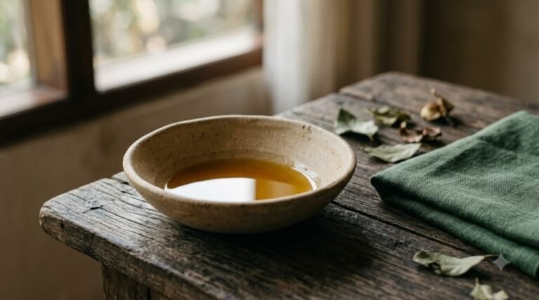 a ceramic bowl of botanical oil beside folded linen in soft morning light
