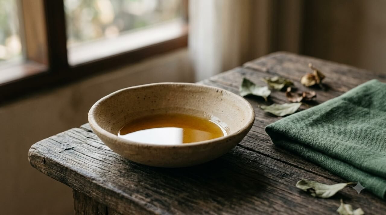 a ceramic bowl of botanical oil beside folded linen in soft morning light
