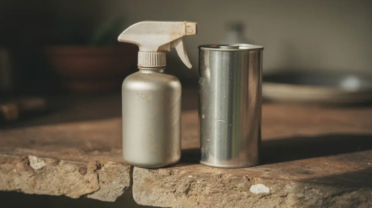 A reused spray bottle beside a refill can on a stone shelf