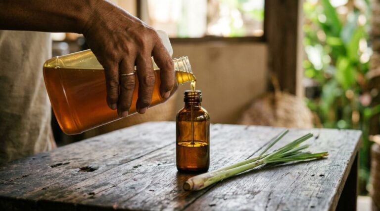 hand refilling an amber glass soap bottle from a larger jug