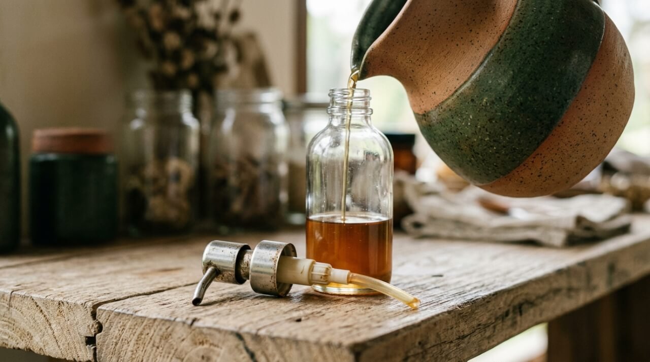 a reusable glass pump bottle refilled from a ceramic decanter on a wooden shelf
