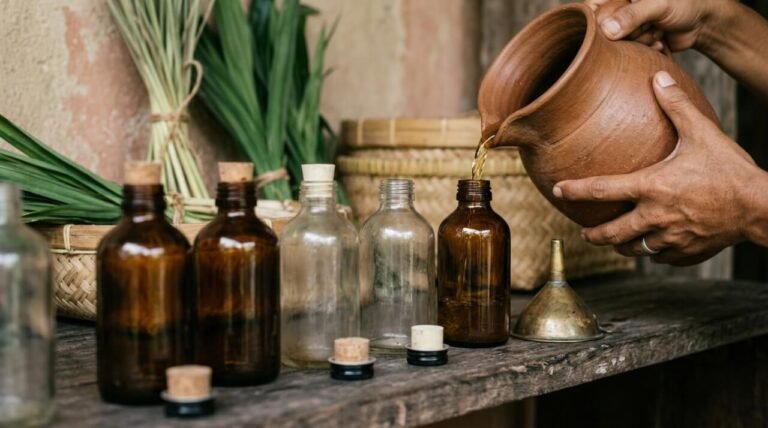 reusable glass bottles being refilled from a ceramic decanter on a wooden shelf