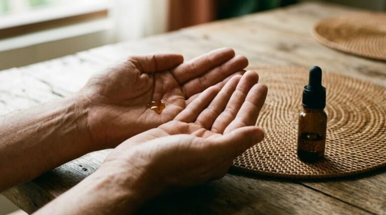 cupped hands holding a drop of essential oil beside a small amber bottle