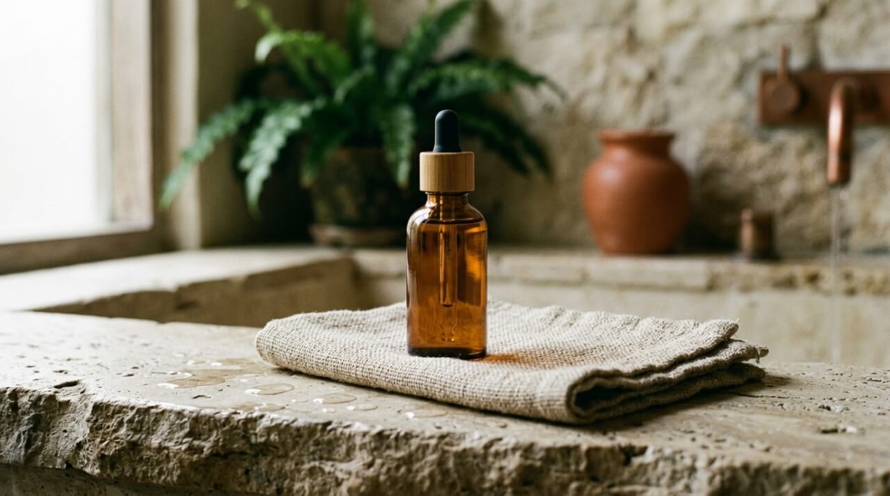 amber body oil dropper bottle on a linen towel beside water droplets on stone