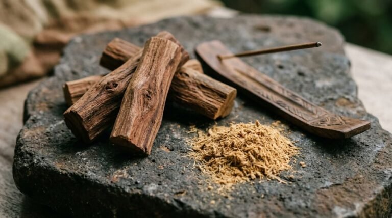 sandalwood heartwood billets and rasped powder on a dark stone slab