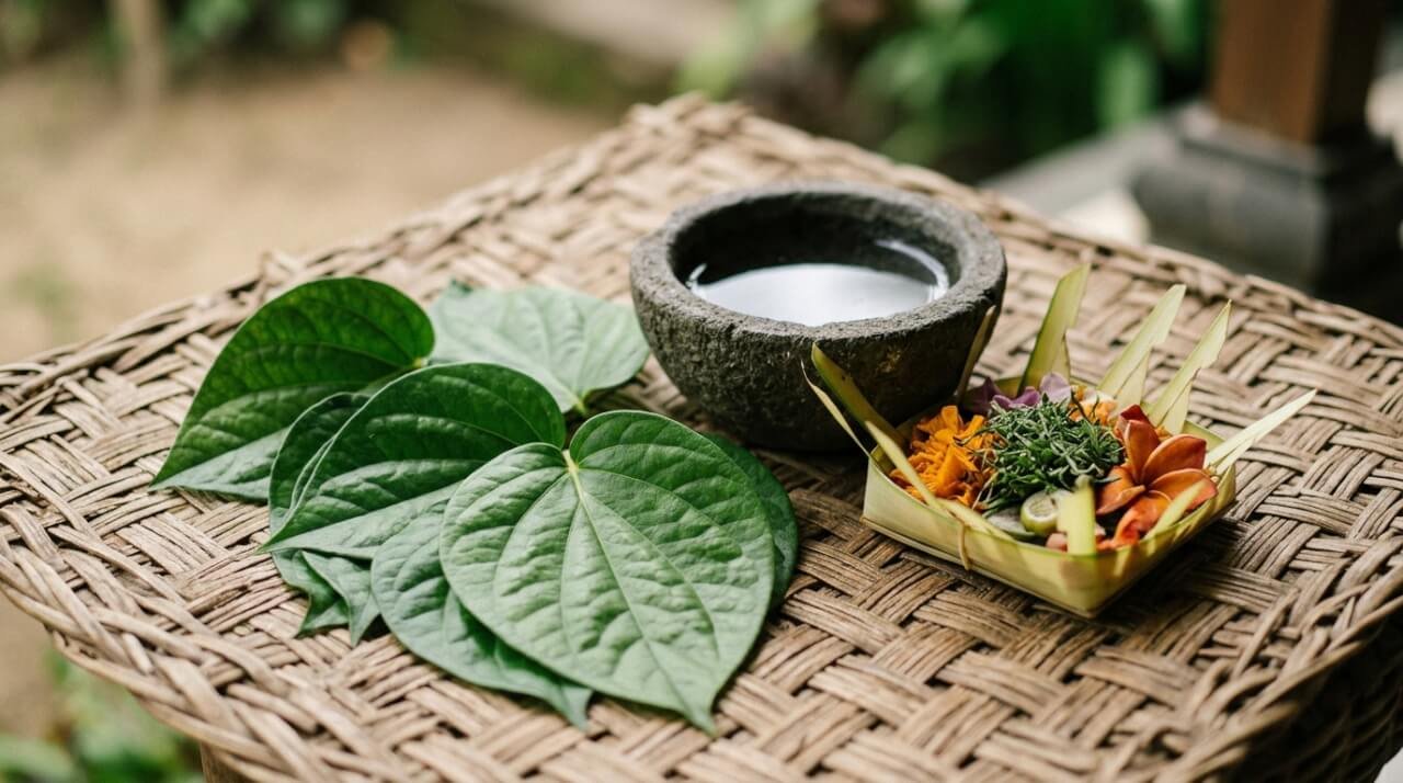 fresh betel leaves on a woven rattan mat beside a stone bowl of water