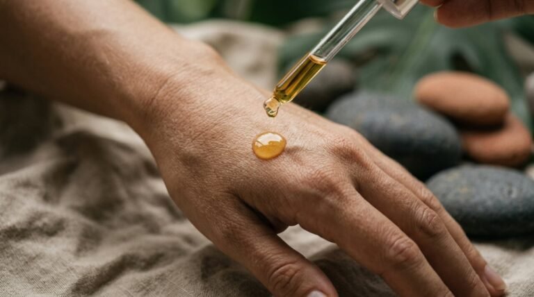 amber face oil droplet on skin beside a glass dropper