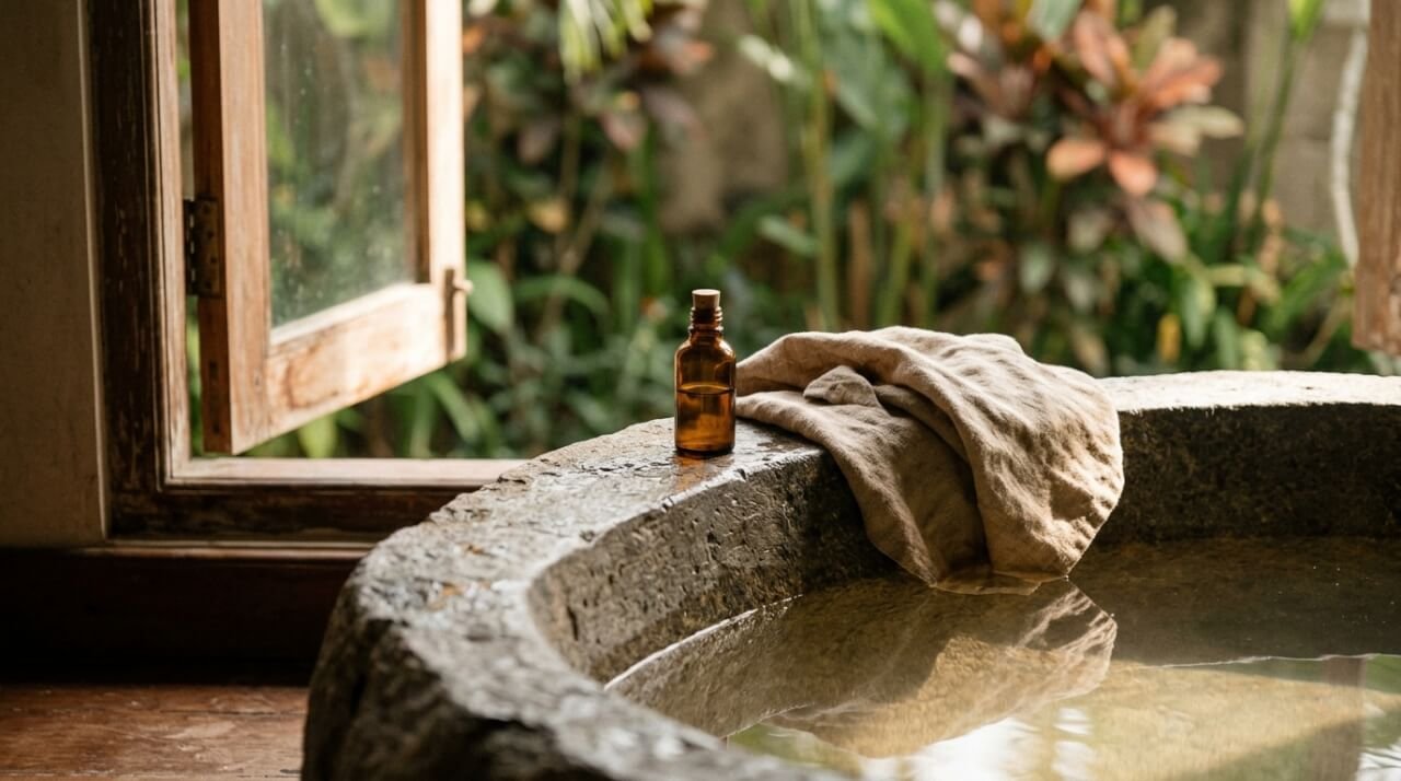 warm bath with essential oil bottle and linen towel by a window