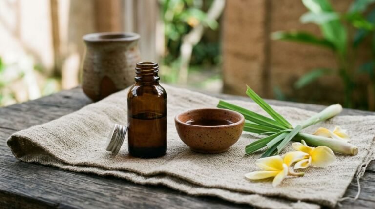 open amber aromatherapy oil bottle on linen with lemongrass and frangipani in morning light