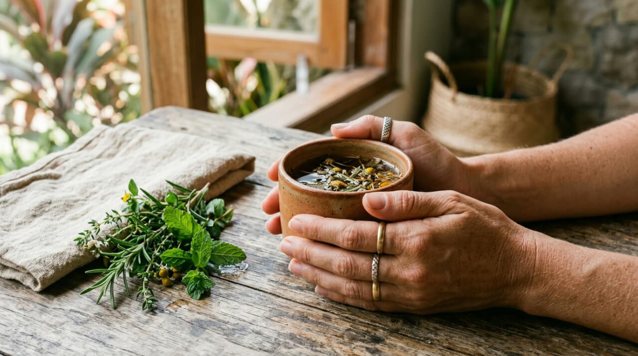 hands cradling a warm cup of herbal tea on a wooden table in morning light
