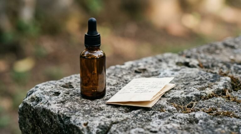 amber glass dropper bottle beside a folded paper note on a stone surface in morning light