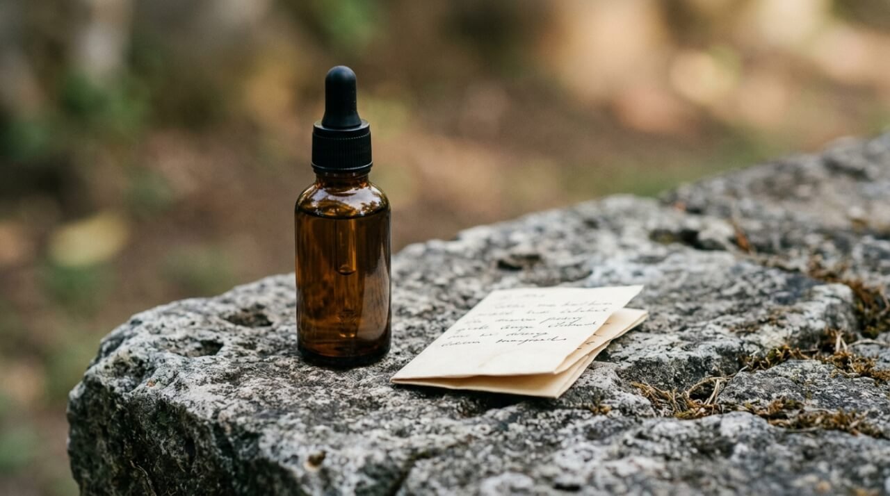 amber glass dropper bottle beside a folded paper note on a stone surface in morning light