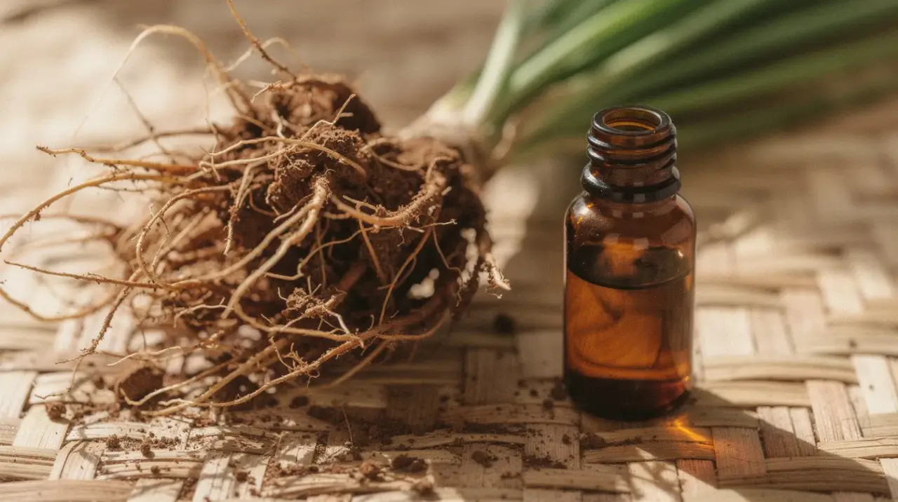 bundle of freshly dug vetiver roots beside a small amber oil bottle on a rattan mat