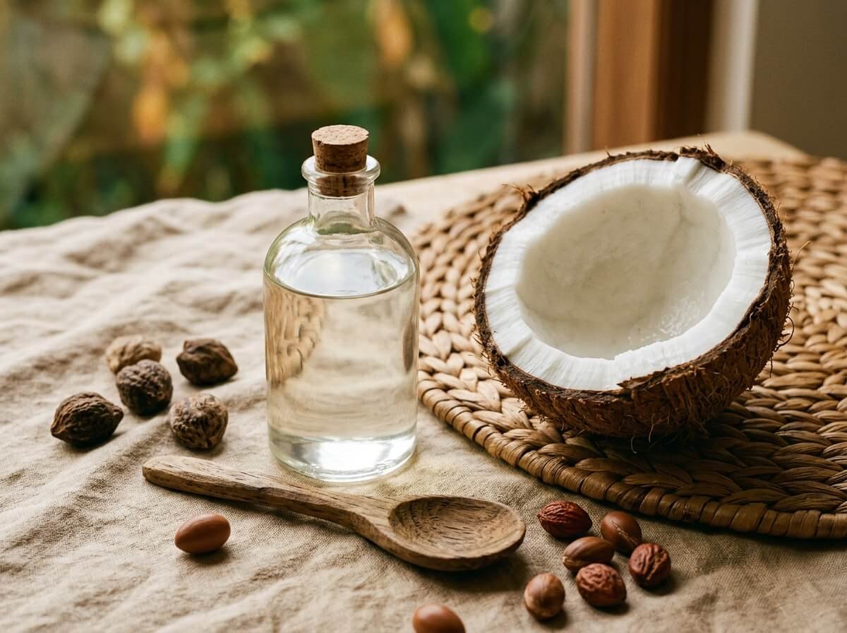 coconut oil and other carrier oils on linen