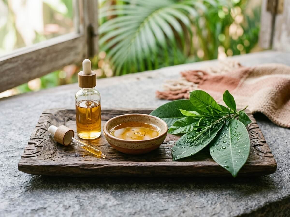 a tray of carrier oil and botanicals for an aromatherapy ritual