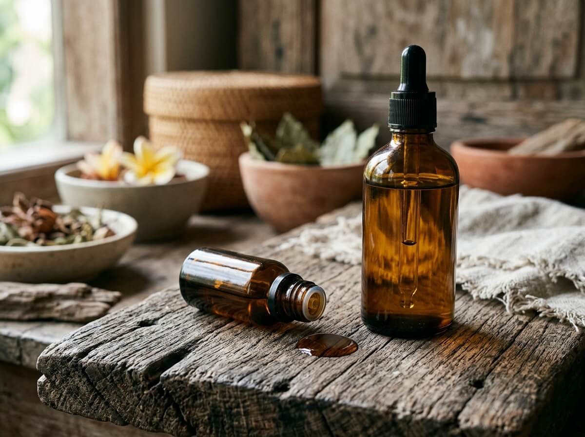 a spilled drop of undiluted essential oil on wood