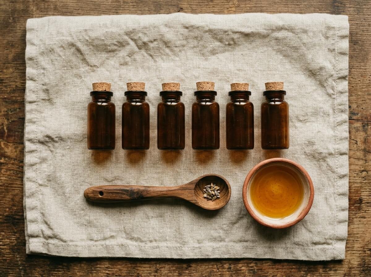 essential oil bottles arranged for measuring a dilution