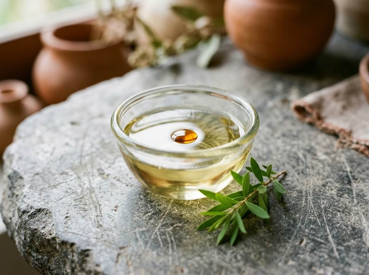 a drop of essential oil resting in a bowl of carrier oil