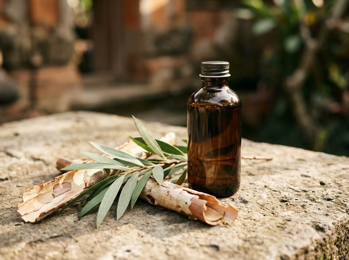cajeput essential oil beside kayu putih leaves