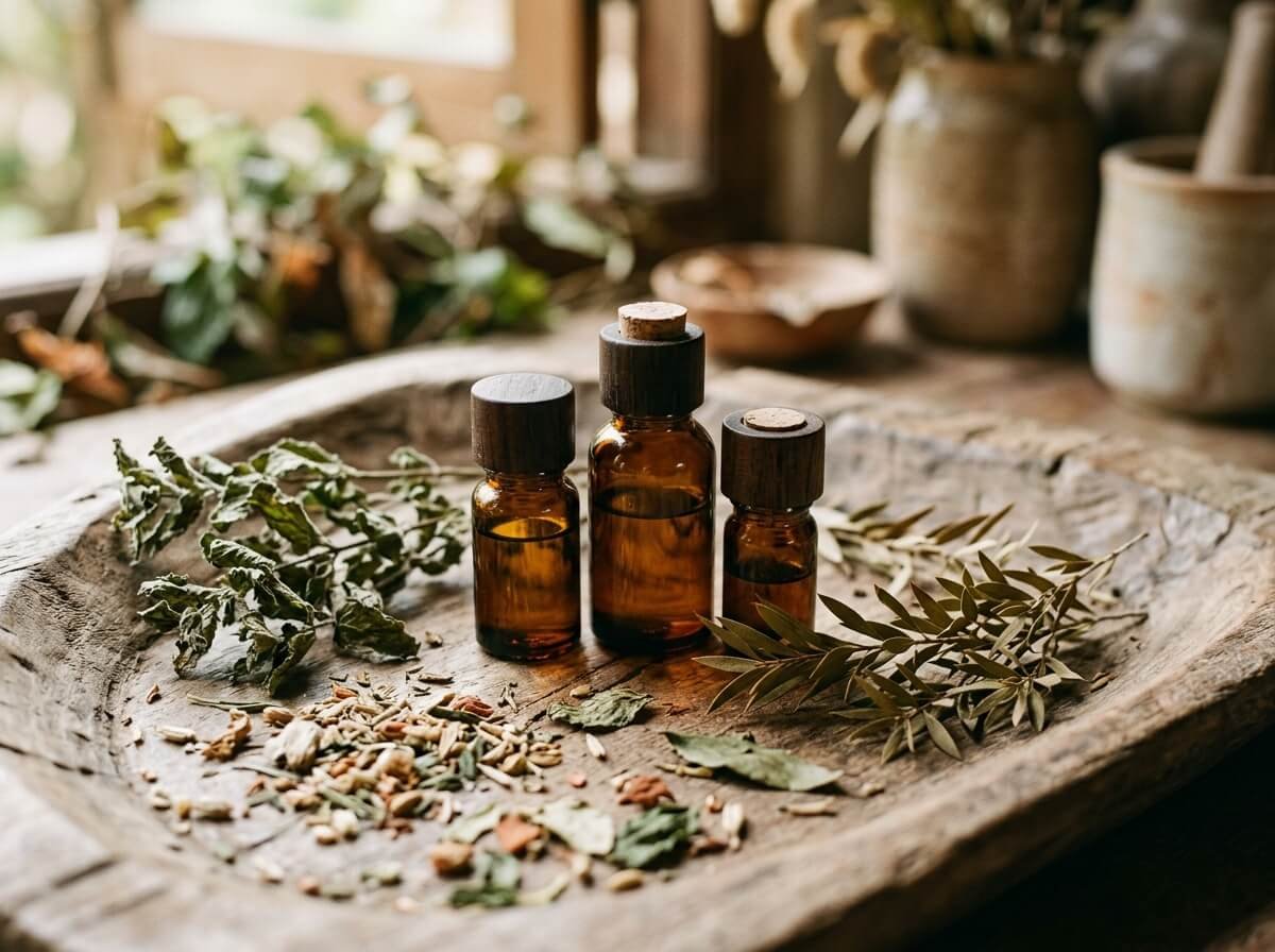 essential oils for congestion including peppermint and tea tree on a wooden tray