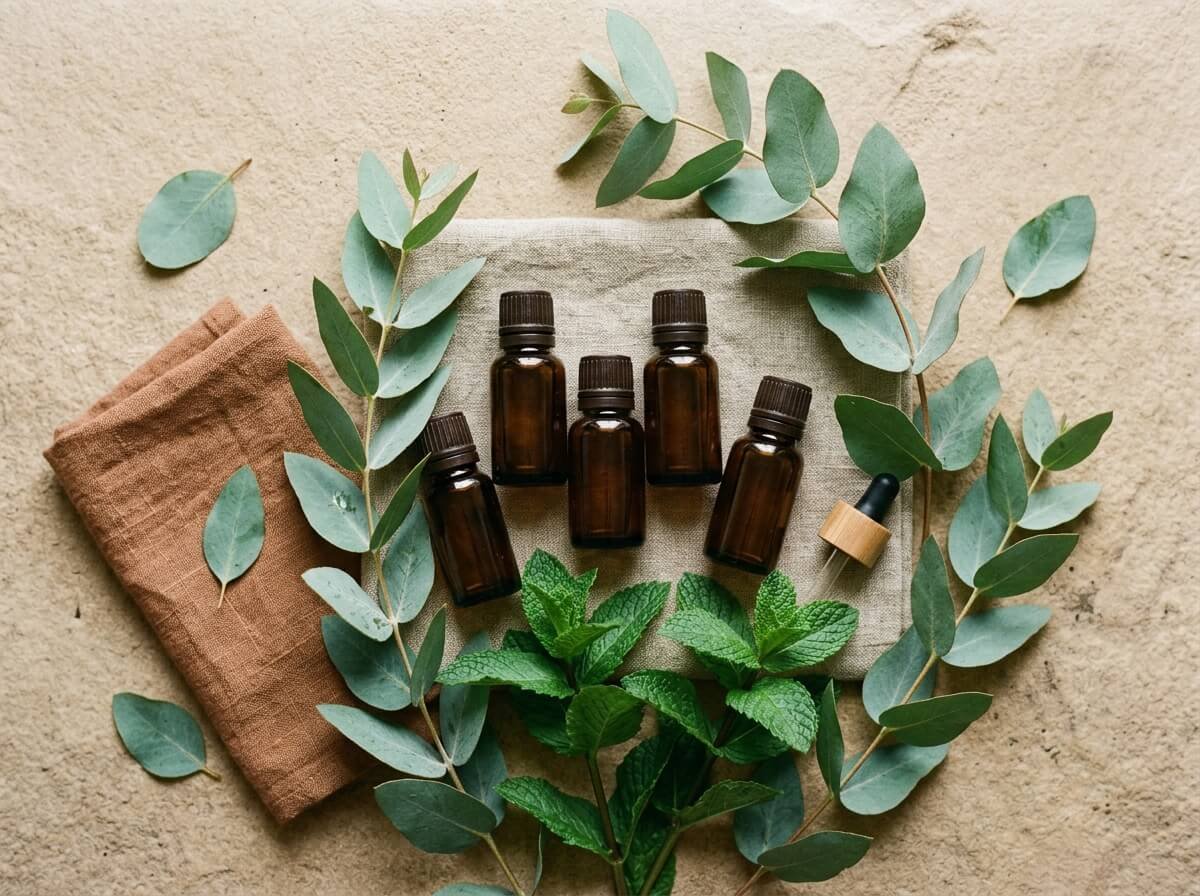 flat lay of essential oils for congestion with eucalyptus and mint