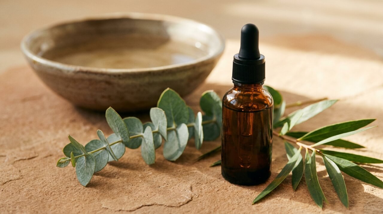 essential oils for congestion arranged with eucalyptus and cajeput leaves
