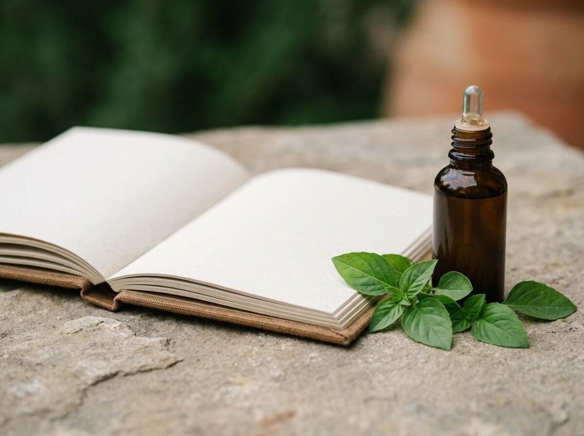 careful essential oil use notes and bottle on a stone table