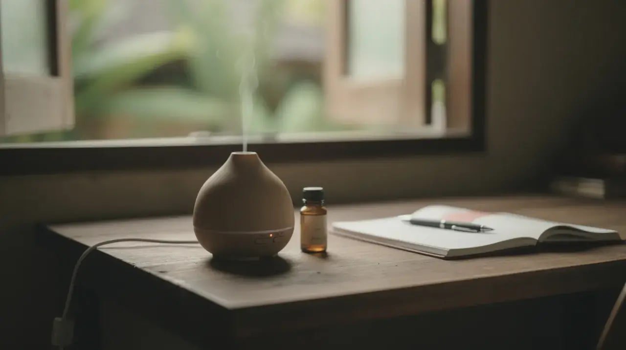 essential oils for focus on a calm morning work desk