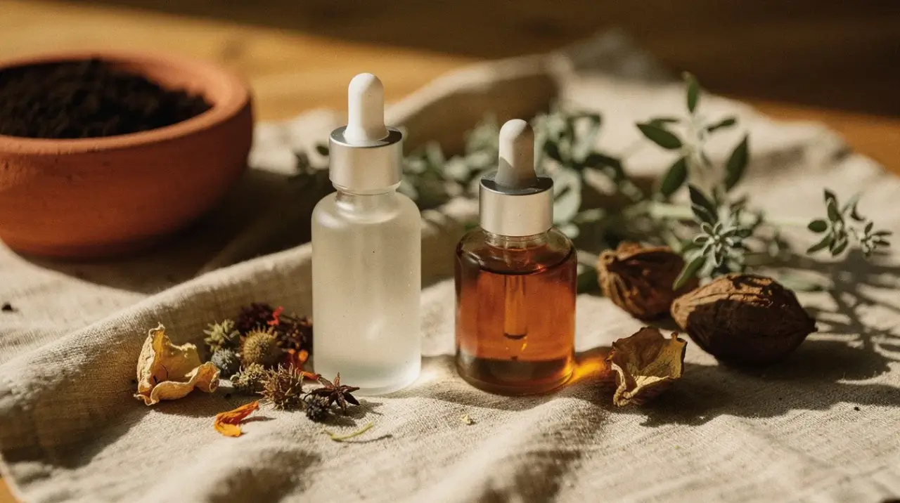 face serum vs face oil botanical skincare flat lay Bali