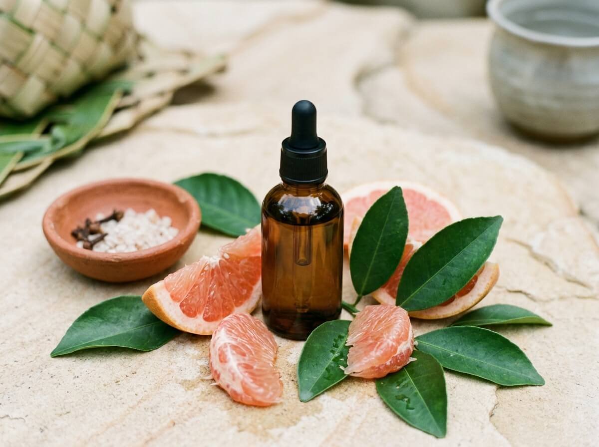 grapefruit essential oil with fresh citrus segments illustrating its benefits