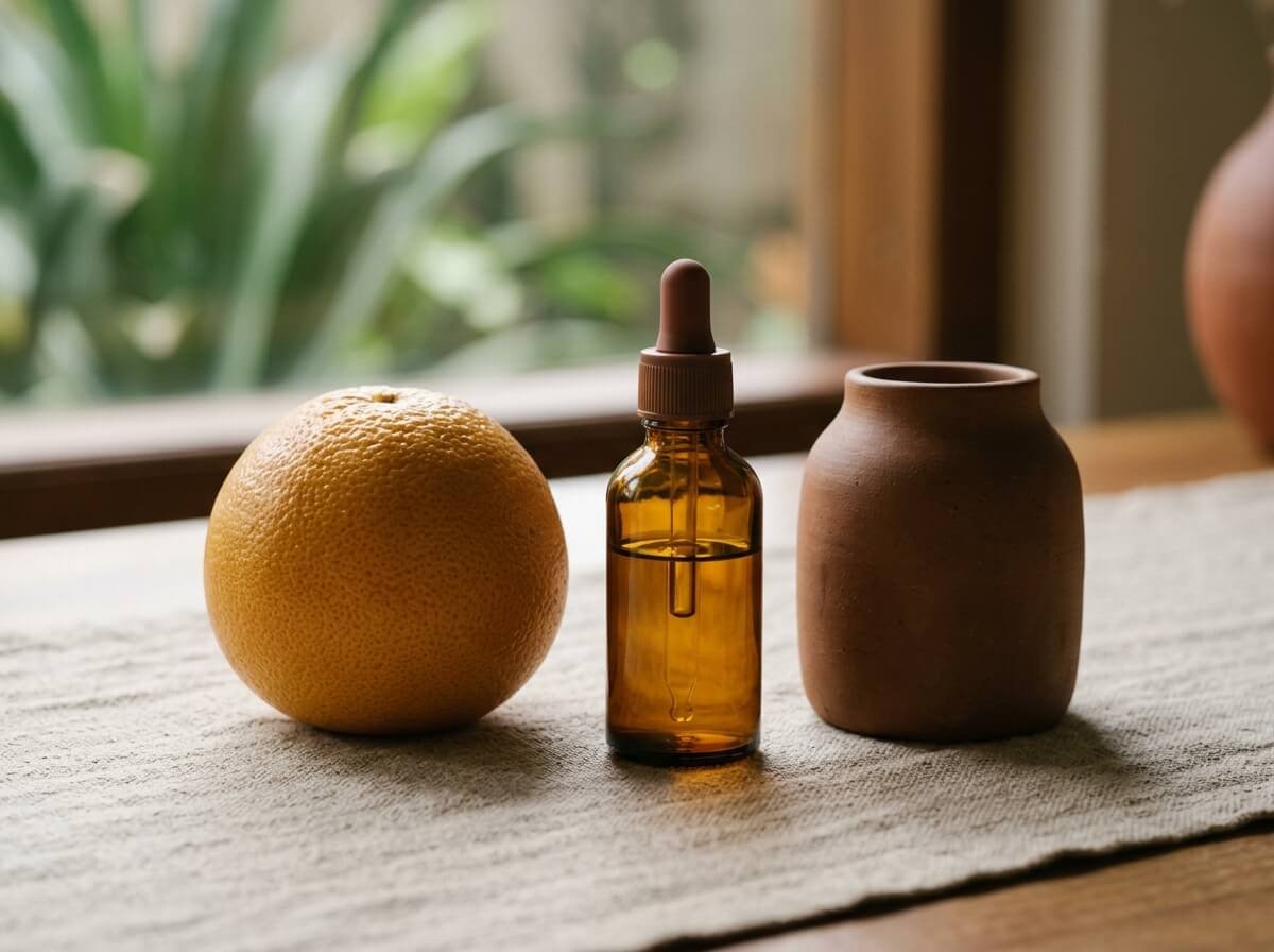 grapefruit, dropper bottle, and ceramic diffuser answering common grapefruit essential oil questions