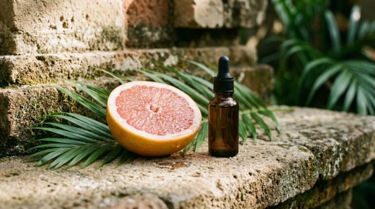grapefruit essential oil benefits shown with a halved grapefruit and amber dropper bottle on a Balinese stone surface