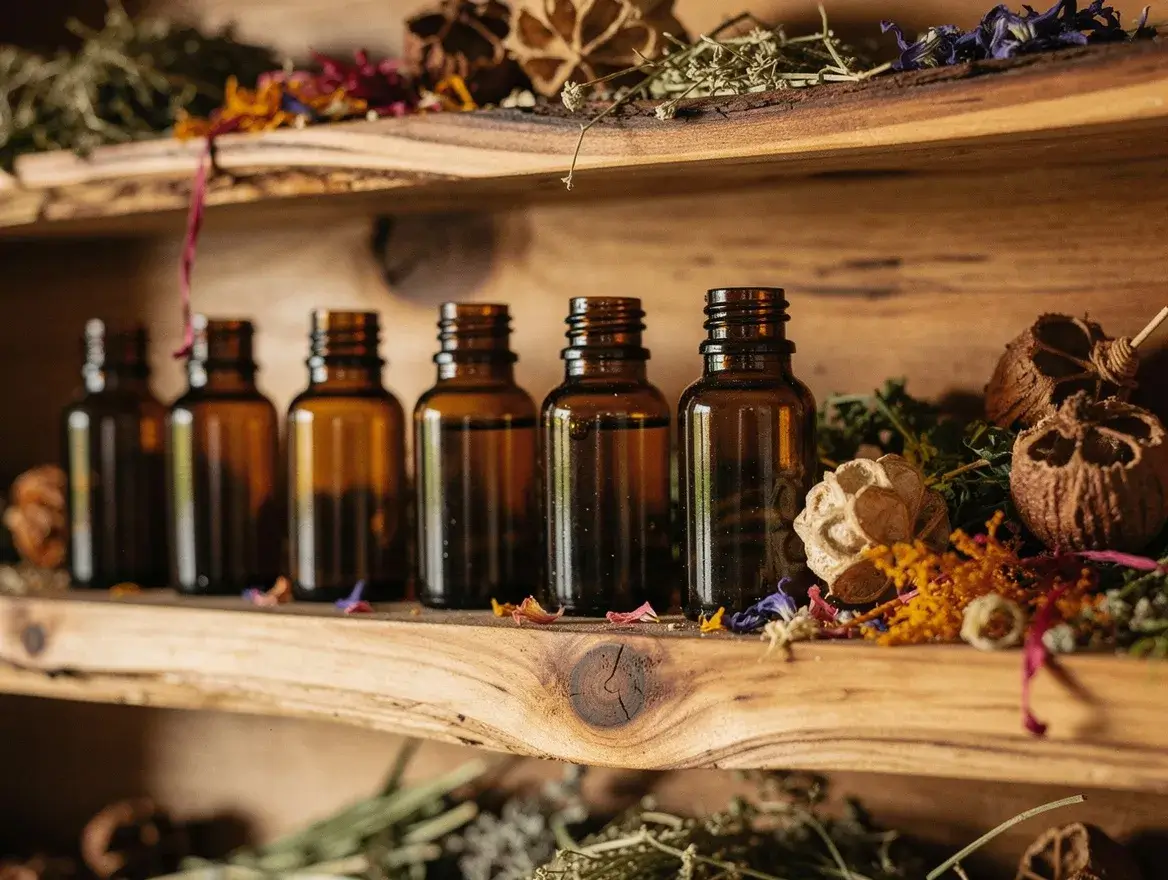 row of amber essential oil bottles for choosing a quality grapefruit essential oil