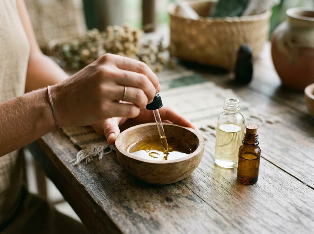 hands diluting grapefruit essential oil safely into a carrier in a wooden bowl