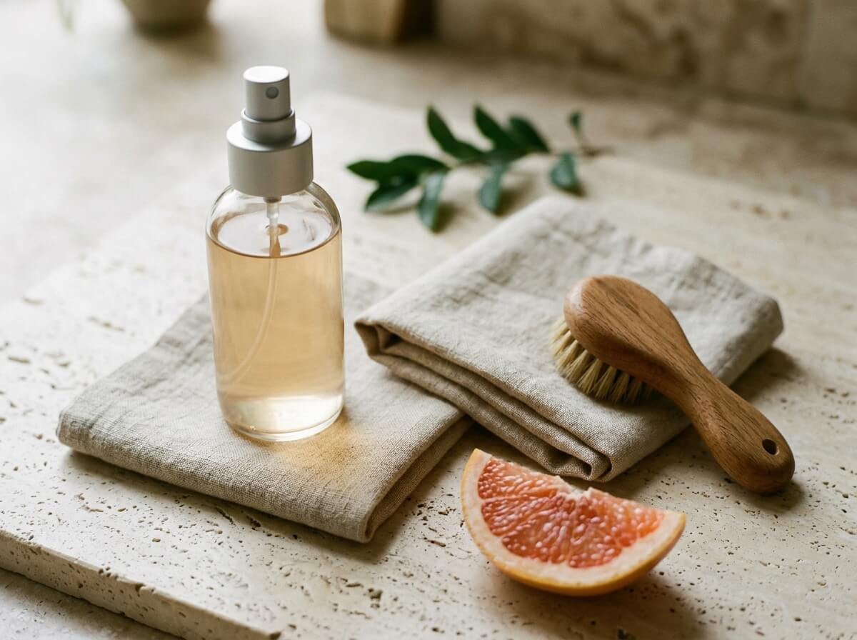 grapefruit essential oil for skin, hair, and home in a natural still life