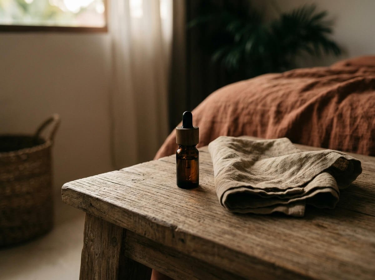 lavender oil on a bedside table for evening calm and sleep