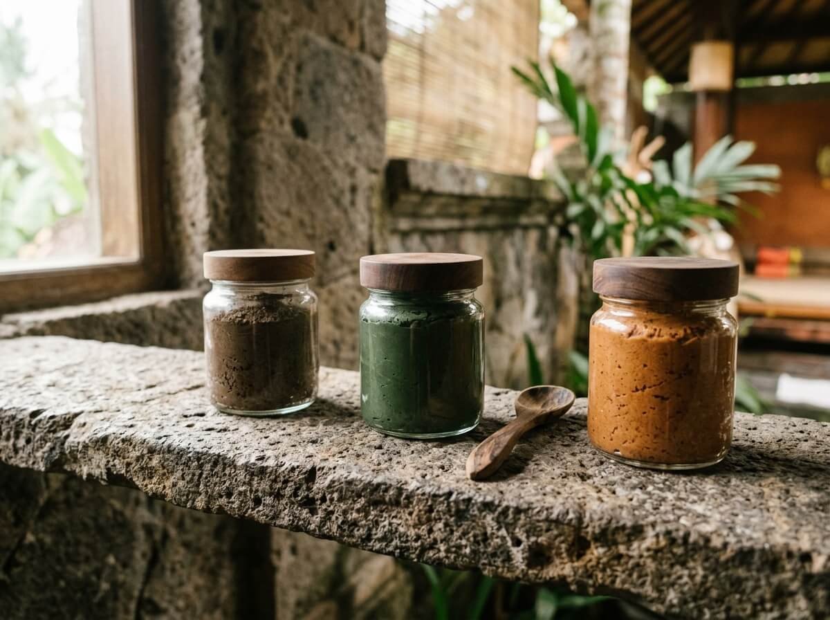 natural face mask jars on a stone shelf