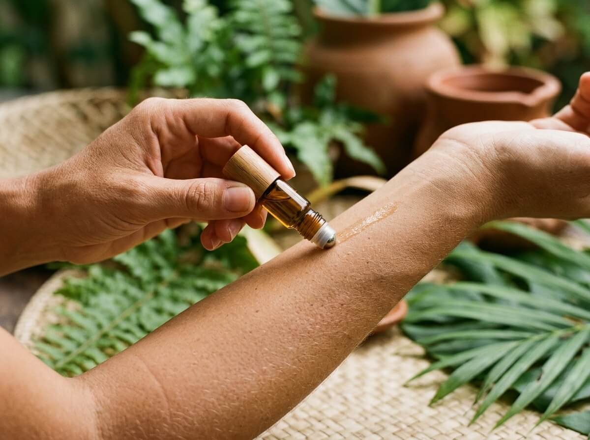 applying a diluted essential oil roller to ease muscle soreness