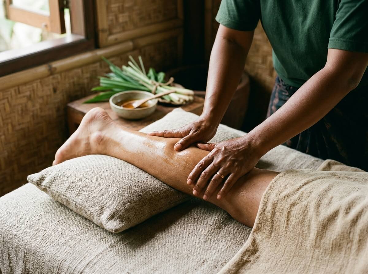 a slow leg massage with botanical oil to ease muscle tension