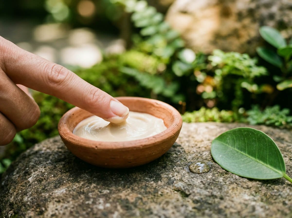A fingertip lifting hydrating face cream from a ceramic dish