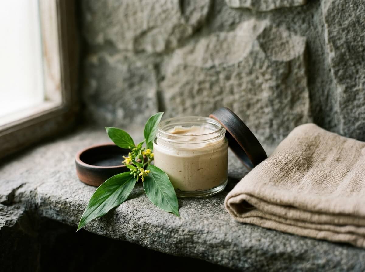 An open jar of natural face cream on a stone shelf with linen and a green sprig
