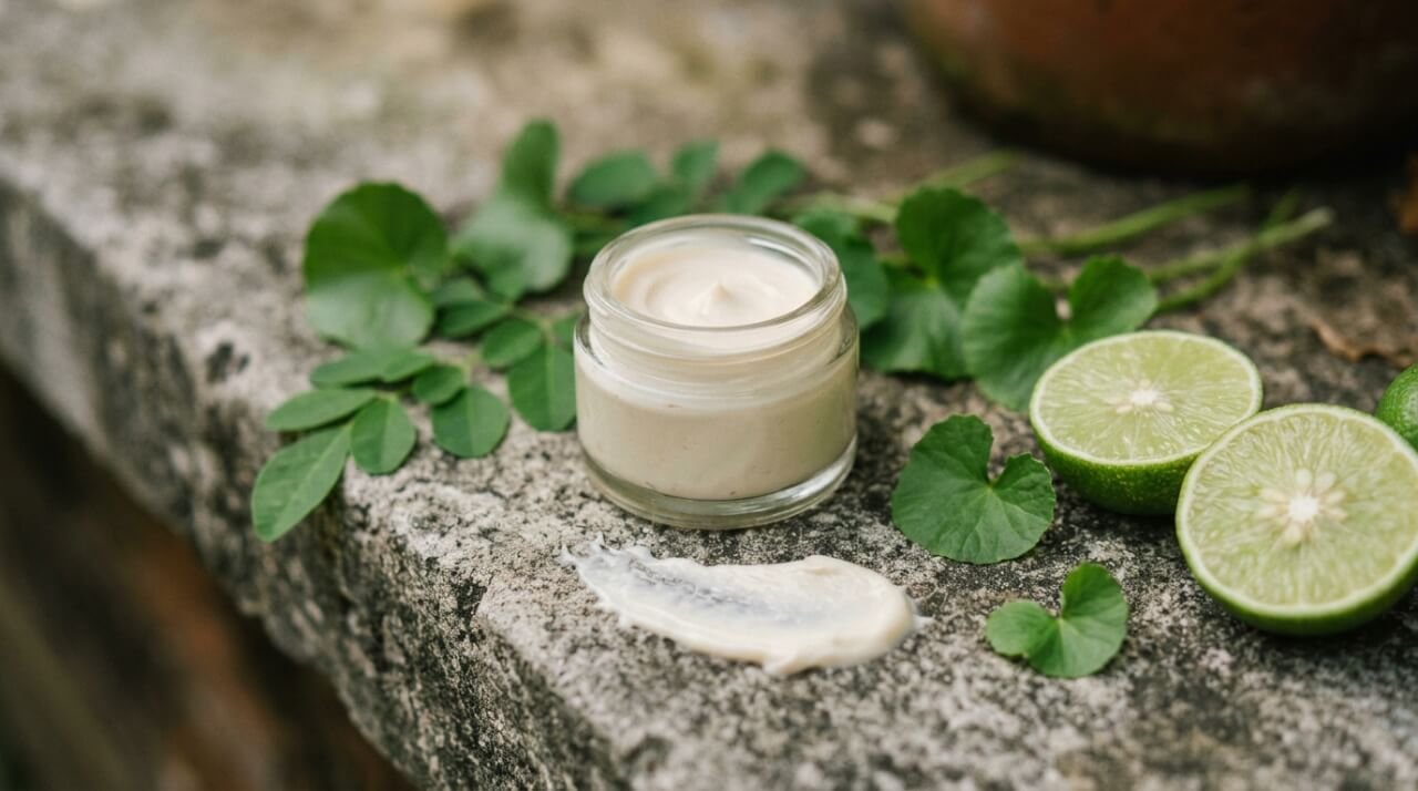 Natural face cream in an open glass jar on a stone ledge with fresh botanicals