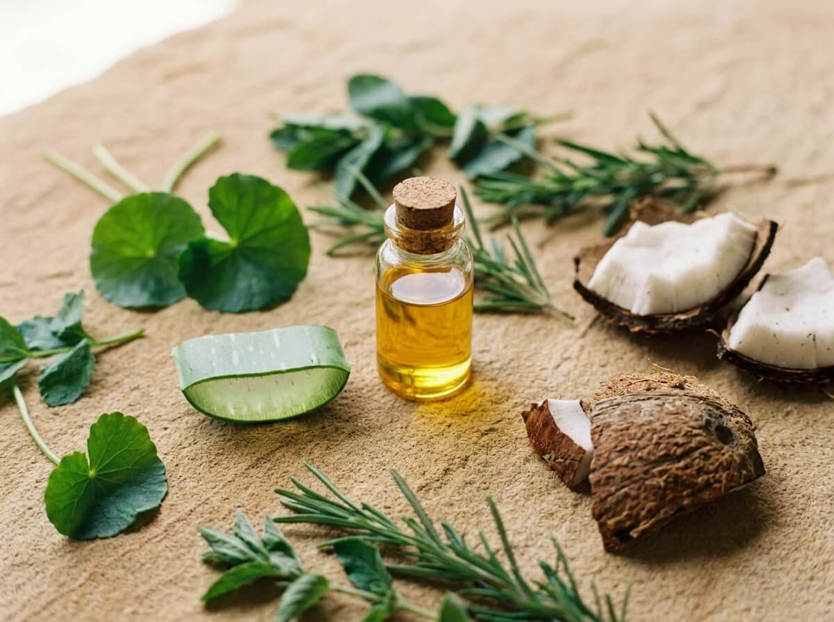 Botanical skincare ingredients including argan oil and aloe on sandstone