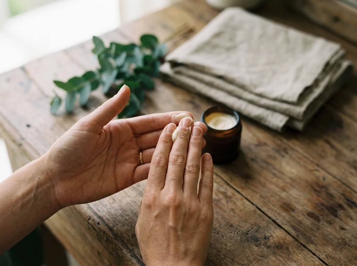 Hands warming natural face cream before applying it as a daily ritual