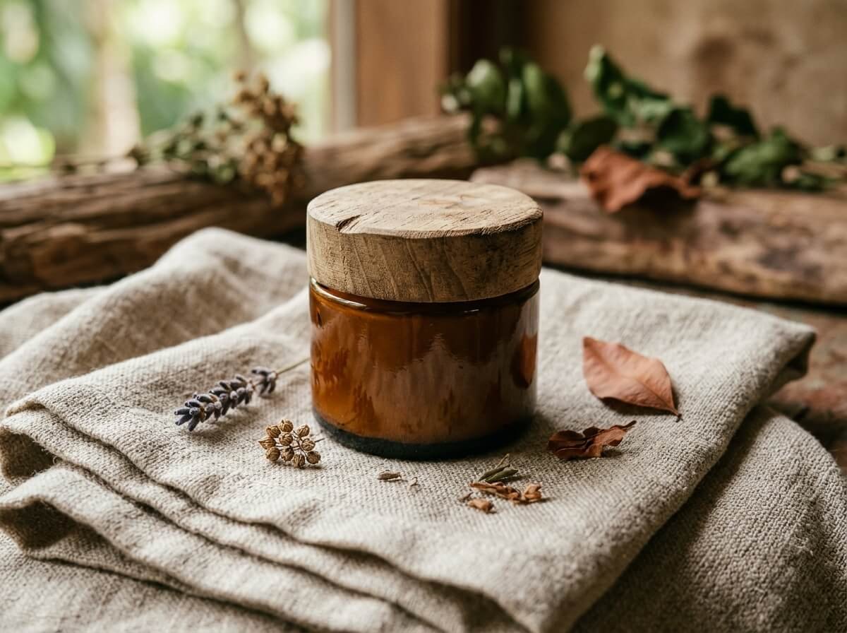 A jar of natural face cream on folded linen with dried botanicals