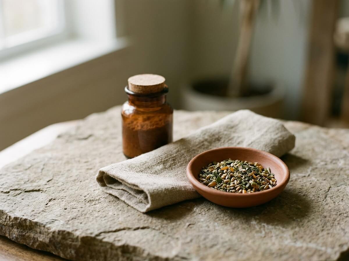 calm arrangement of natural face scrub and botanical ingredients
