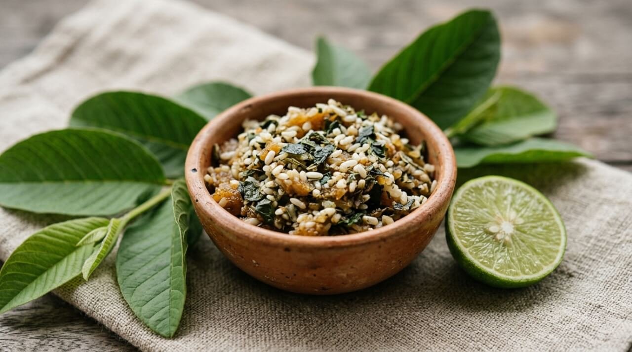 natural face scrub in a ceramic bowl with botanical grains
