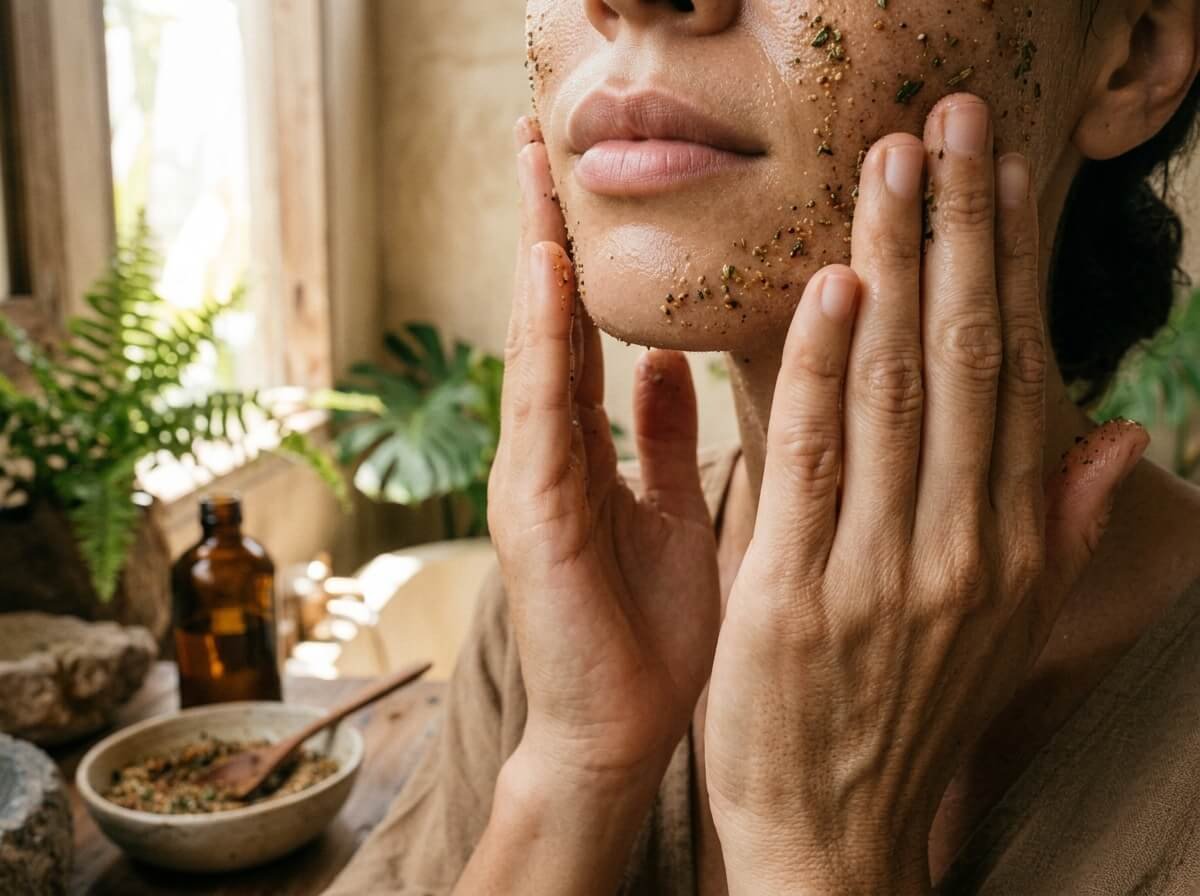 applying a natural face scrub in gentle circular motions