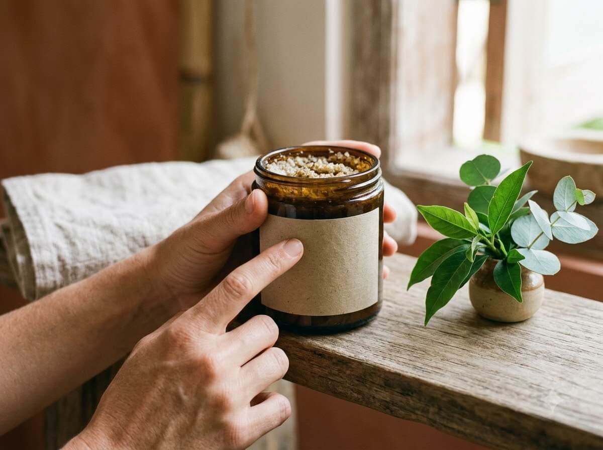 reading the ingredient label on a natural face scrub jar