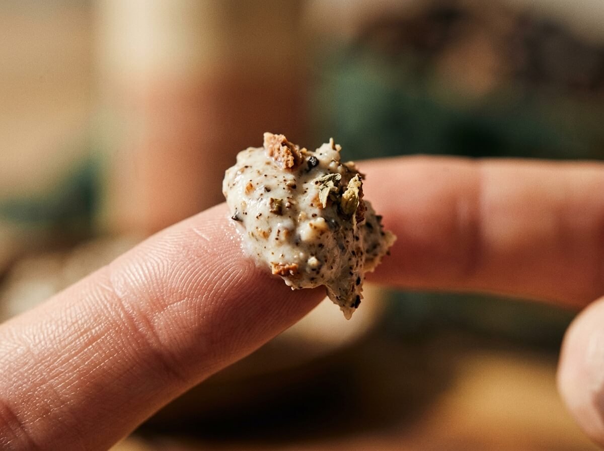 close-up of natural face scrub texture on a fingertip